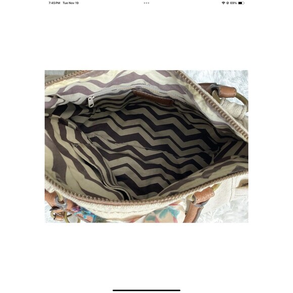 FOSSIL Grayson Beige Canvas Fabric Satchel Bag Added Floral Accessories ***READ - Picture 11 of 12